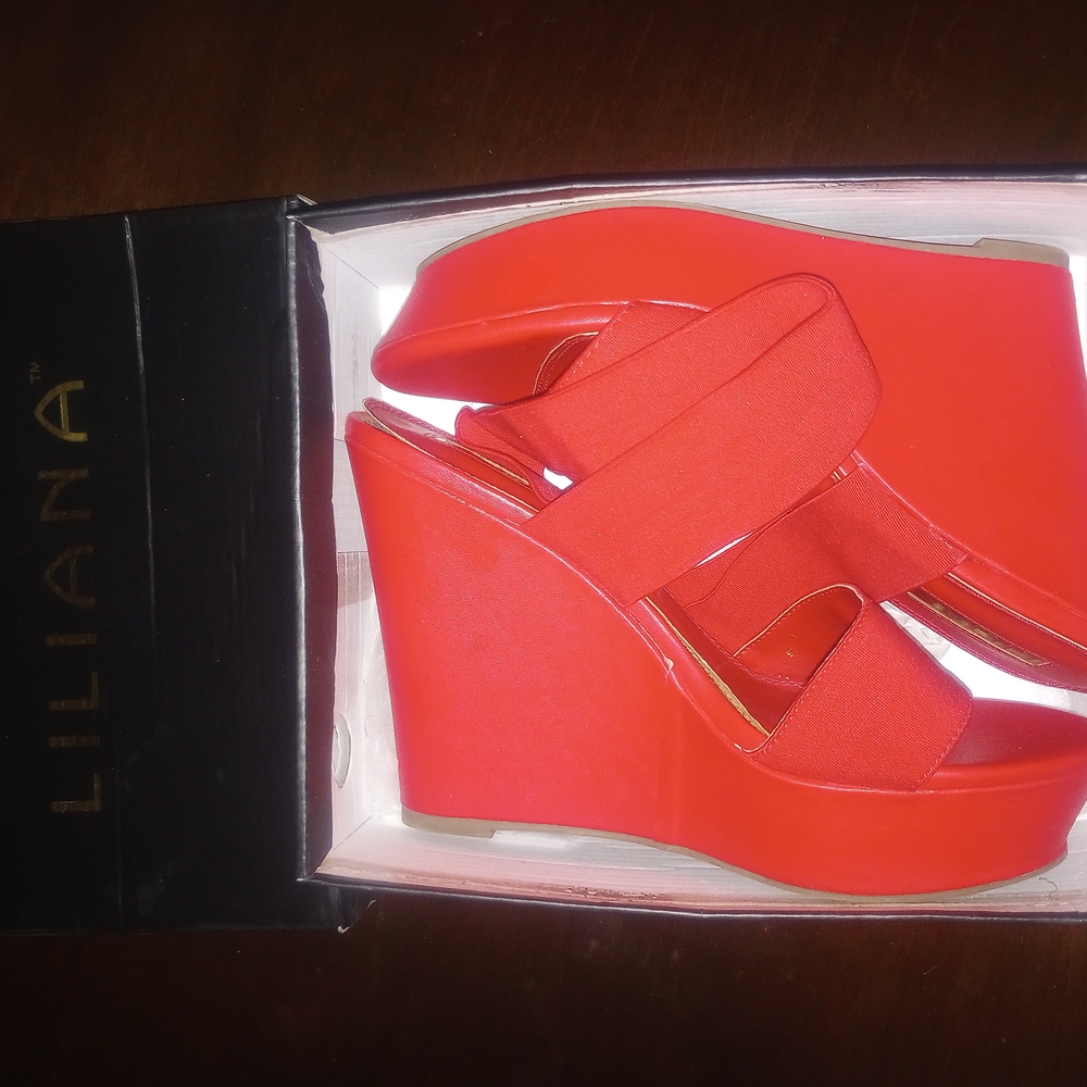 Liliana Reddish- Orange Wedge Shoes Vibrant Statement Piece - Picture 2 of 5